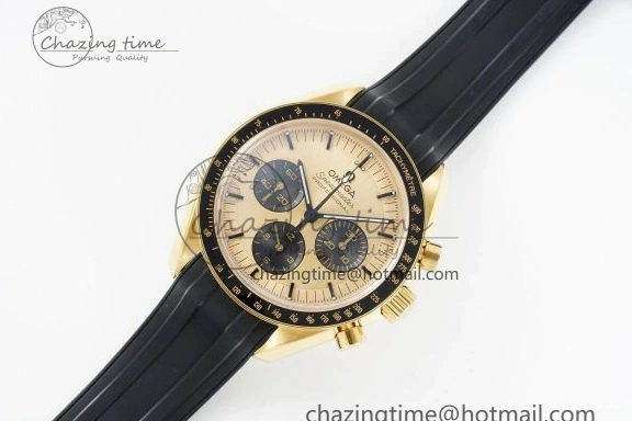 0327 TimelessDesign Speedmaster Moonwatch in Moonshine Gold YG RMF Best Edition YG Dial on Black Rubber Strap Manual Chrono 7834